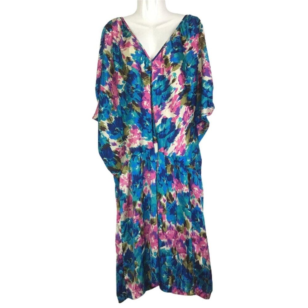 Te Amo Womens 24 Kaftan Dress Deep VNeck Full Back Zip Flutter Sleeve Blue Pink